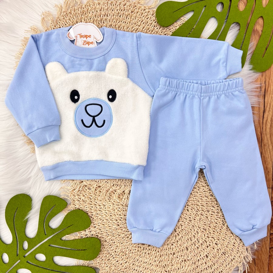 Conj. Casaco Ursinho com Pelinho e Calça de Moletom - Azul Bebê